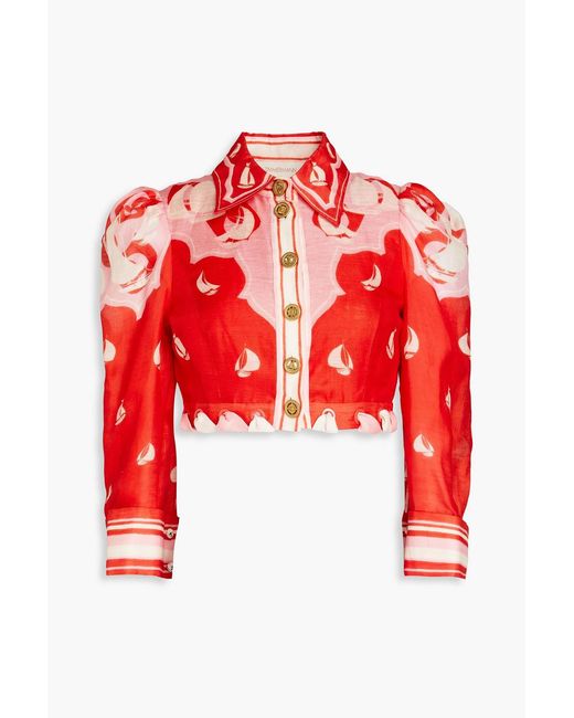 Zimmermann Red Cropped Printed Linen And Silk-Blend Shirt