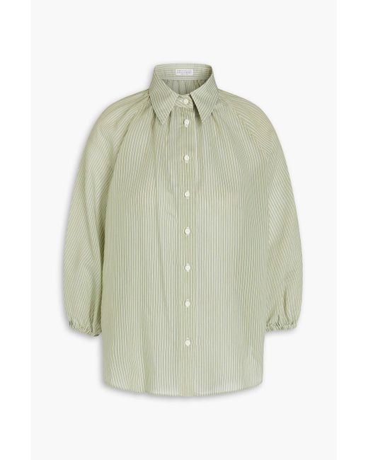 Brunello Cucinelli Green Bead-Embellished Striped Cotton And Silk-Blend Shirt