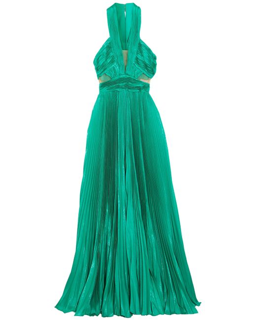 Zuhair Murad Green Cutout Silk-blend Plissé Maxi Dress Jade