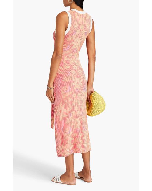 Maje Pink Floral-print ribbed-knit midi dress