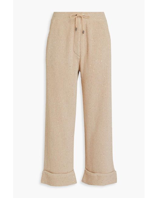 Brunello Cucinelli Natural Cropped Sequin-embellished Cotton-blend Straight-leg Pants