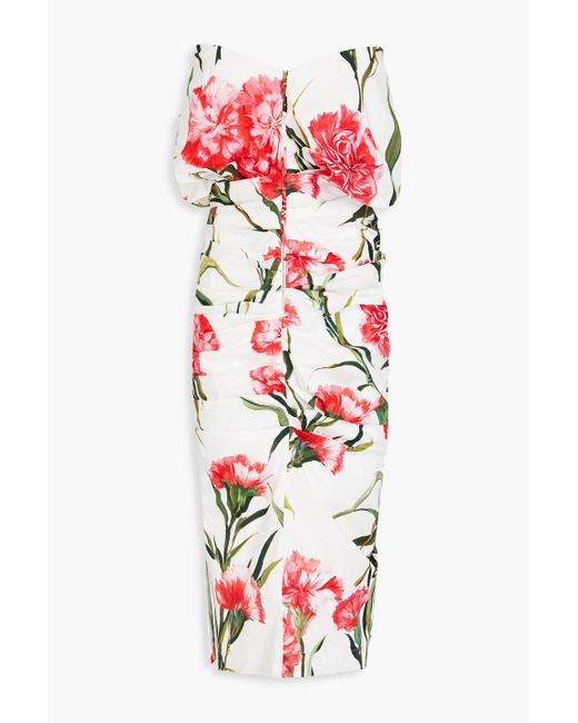 Dolce & Gabbana Red One-shoulder Draped Floral-print Stretch-cotton Midi Dress