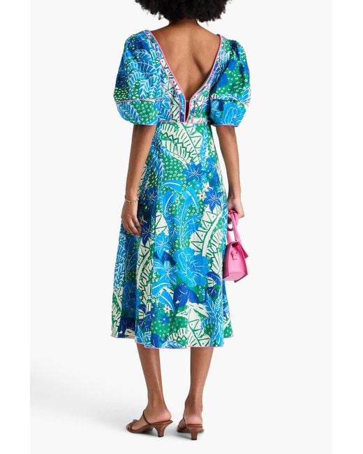Farm Rio Blue Midikleid aus einer leinenmischung mit floralem print und cut-outs