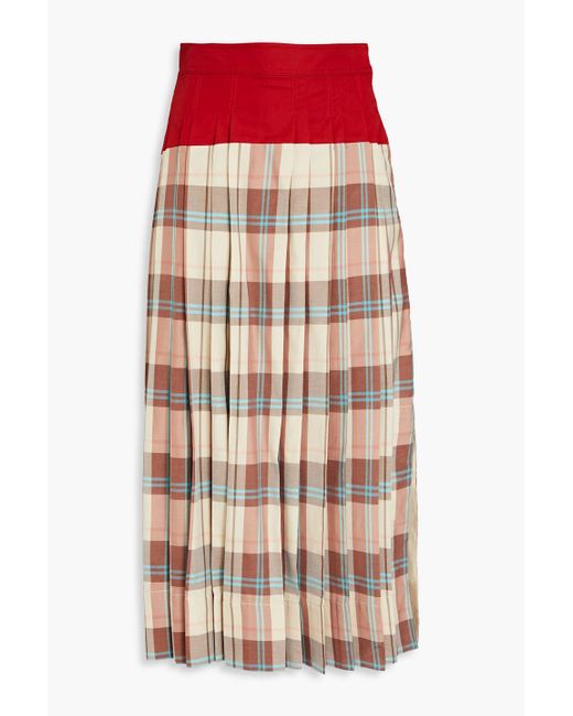 Tory Burch Red Checked-paneled Silk And Cotton-blend Midi Skirt
