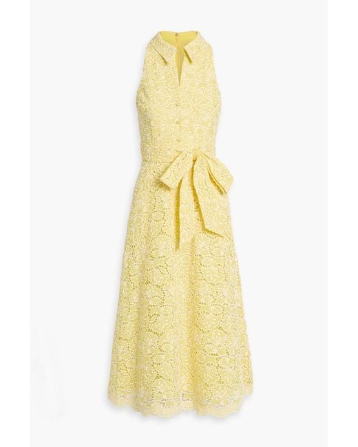 Badgley Mischka Yellow Sequin-Embellished Broderie Anglaise Midi Shirt Dress