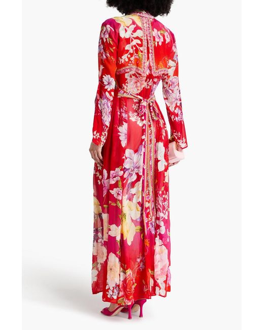 Camilla Red Crystal-Embellished Floral-Print Silk-Georgette Trench Coat