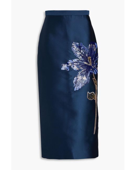 Erdem Blue Sequin-Embellished Mikado Midi Pencil Skirt