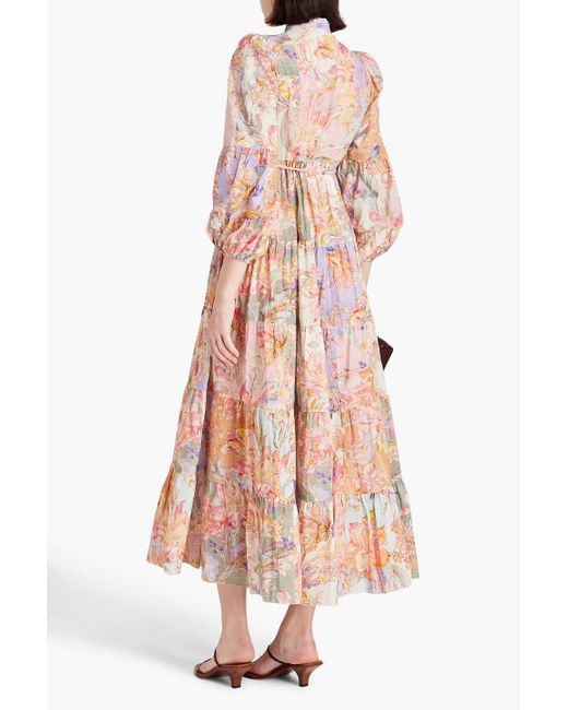 Zimmermann Pink Tiered Floral-print Cotton Midi Dress