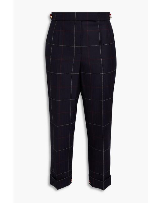 Thom Browne Blue Cropped Checked Wool-jacquard Slim-leg Pants