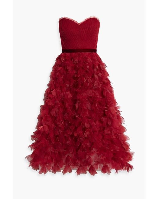 Marchesa Red Strapless Floral-appliquéd Tulle Midi Dress