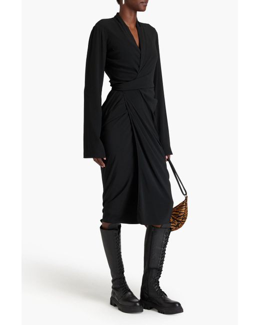 Rick Owens Black Draped Crepe Wrap Midi Dress