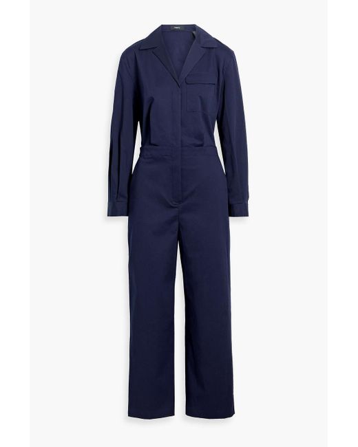 Theory Blue Pleated Cotton-blend Twill Jumpsuit
