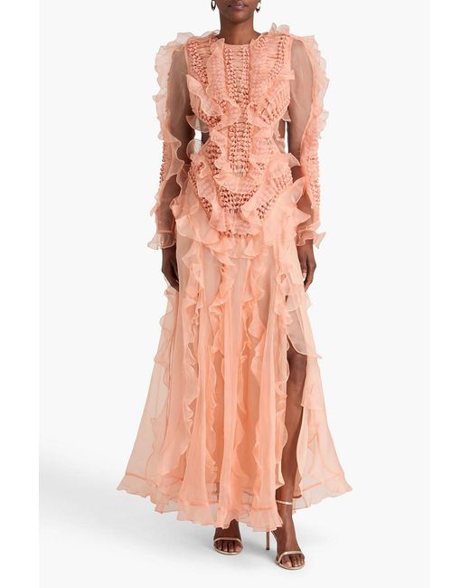 Zimmermann Pink Open-Back Ruffled Silk-Organza Maxi Dress