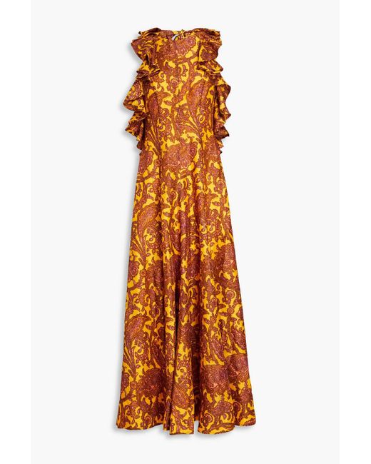 Zimmermann Orange Ruffled Printed Silk Halterneck Maxi Dress