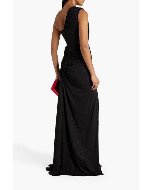 Rhea Costa Black One-shoulder Ruched Glittered Jersey Gown