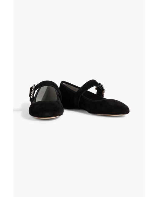 Stuart Weitzman Black Piper Faux Pearl-Embellished Suede Mary Jane Flats