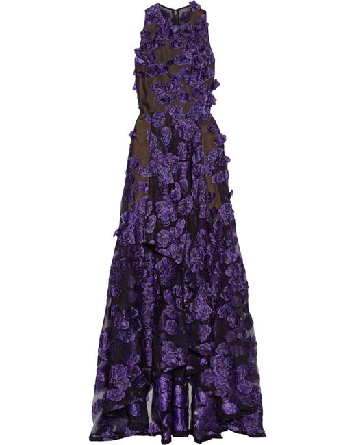 Jason Wu Purple Sheer Sleeveless Gown W/allover Floral Appliques