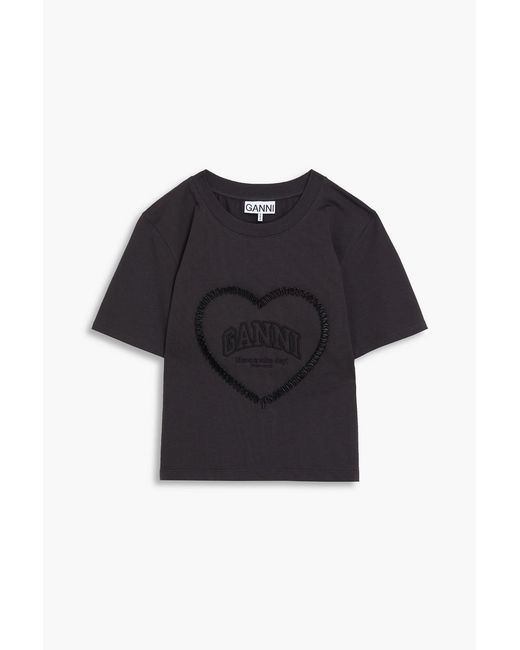 Ganni Blue Appliquéd Cotton-jersey T-shirt