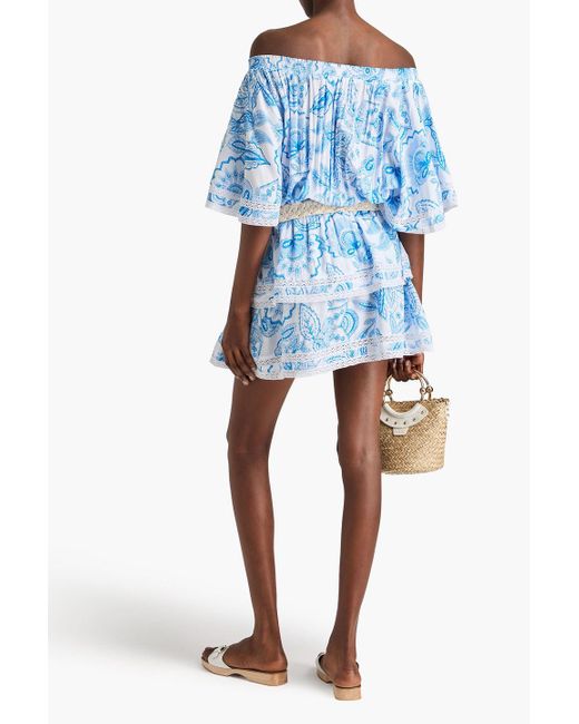 Melissa Odabash Blue Micha schulterfreies gestuftes minikleid aus voile mit print