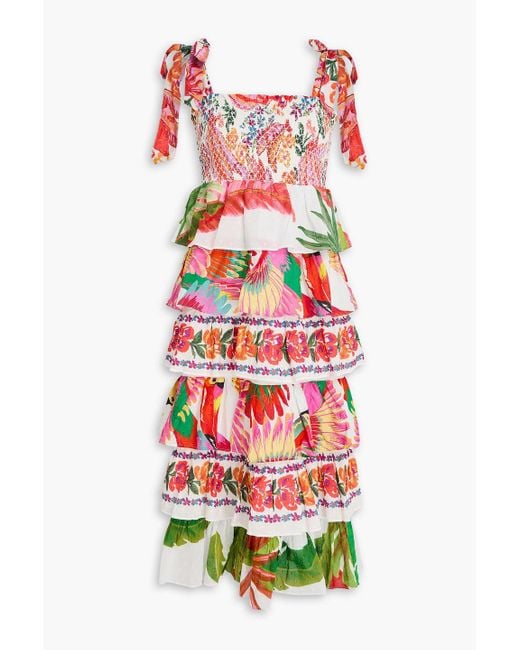 Farm Rio White Ruffled Printed Swiss-dot Cotton Midi Dress