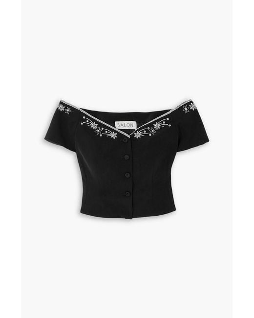 Saloni Black Clementine-B Off-The-Shoulder Embellished Crepe Top