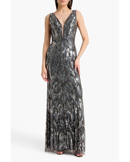 Jenny Packham Gray Marion Embellished Tulle Gown