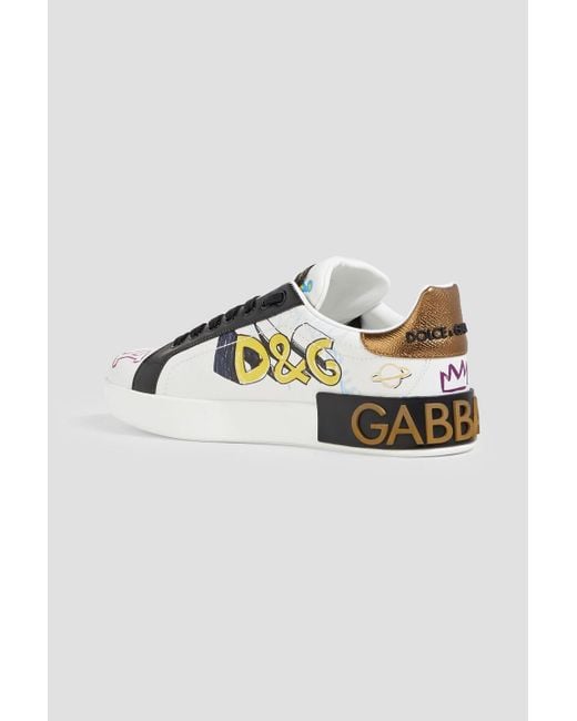 Dolce & Gabbana White Printed Leather Sneakers