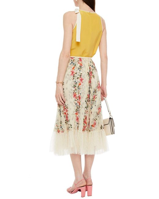 RED Valentino Natural Point D'esprit-trimmed Printed Crepe De Chine Midi Skirt