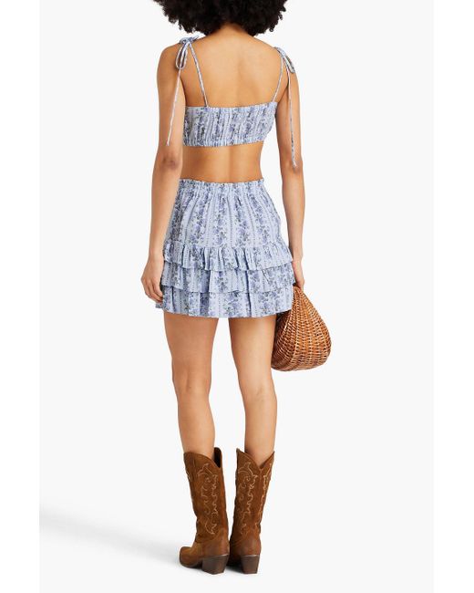 LoveShackFancy Blue Simpson Cropped Floral-print Crepe Top