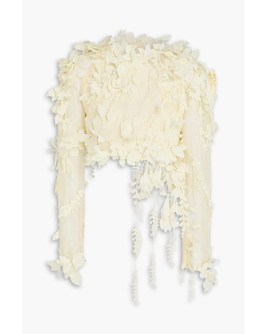 Zimmermann White Cropped Floral-Appliquéd Linen And Silk-Blend Top