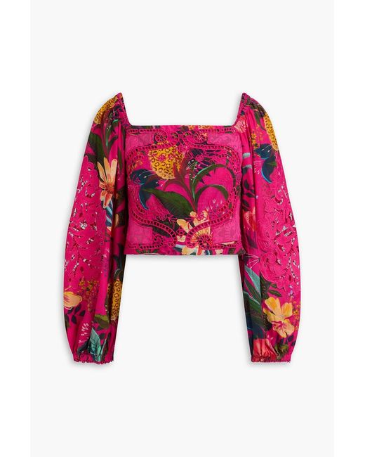 Farm Rio Red Cropped Lace-paneled Floral-print Cotton-mousseline Top
