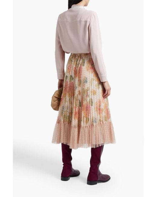 RED Valentino Natural Point D'esprit-paneled Pleated Printed Crepe Midi Skirt