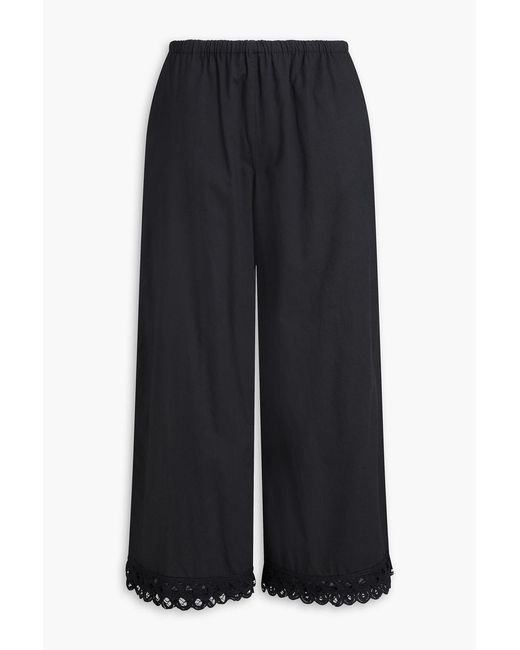 By Malene Birger Black Luisa Cropped Lace-trimmed Cotton-poplin Wide-leg Pants