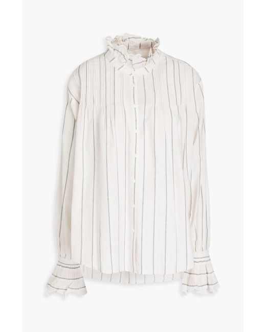 Claudie Pierlot White Ruffled Striped Cotton And Linen-blend Shirt