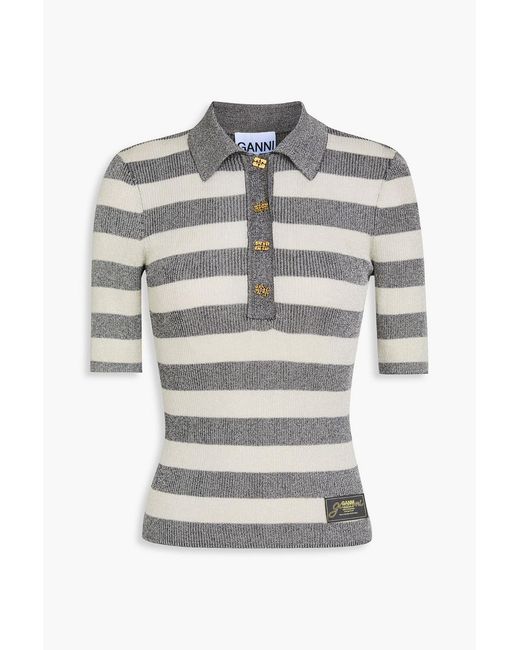Ganni Gray Metallic Striped Ribbed-Knit Polo Shirt