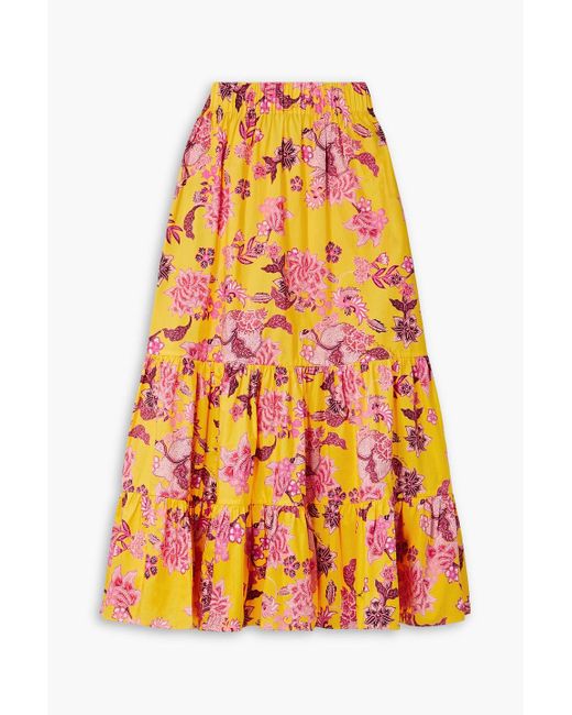 Cara Cara Orange Chase Tiered Floral-print Cotton-poplin Midi Skirt