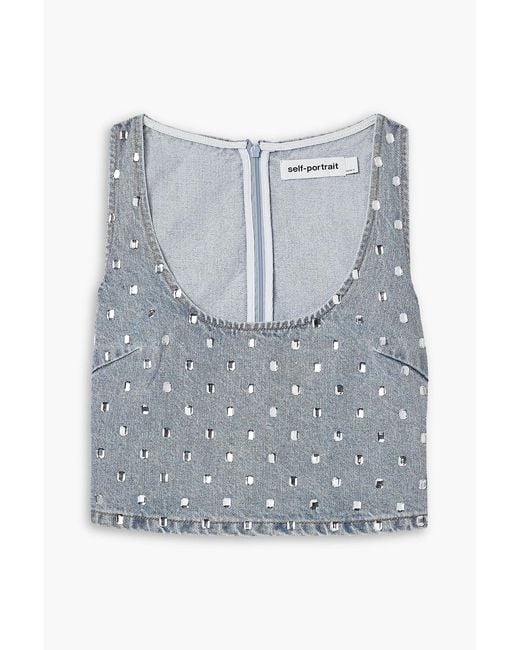 Self-Portrait Gray Cropped Crystal-Embellished Denim Tank