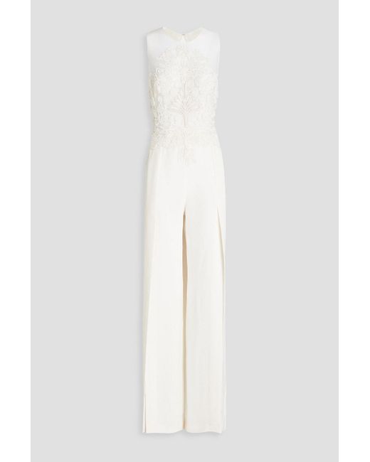 Zuhair Murad White Cutout Embellished Tulle And Silk Crepe De Chine Jumpsuit