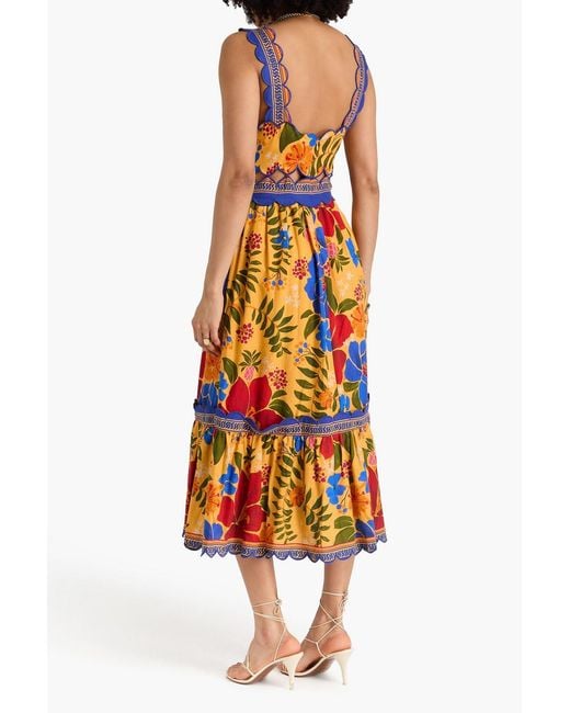 Farm Rio Orange Cutout Floral-Print Linen-Blend Midi Dress