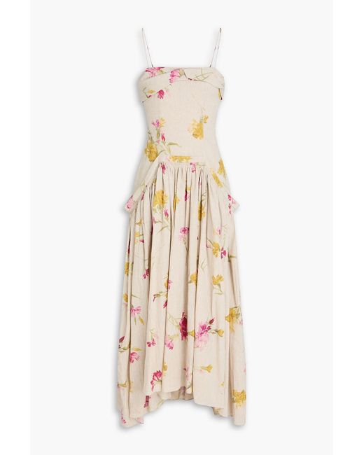 Erdem Natural Gathered Floral-Print Linen Maxi Dress