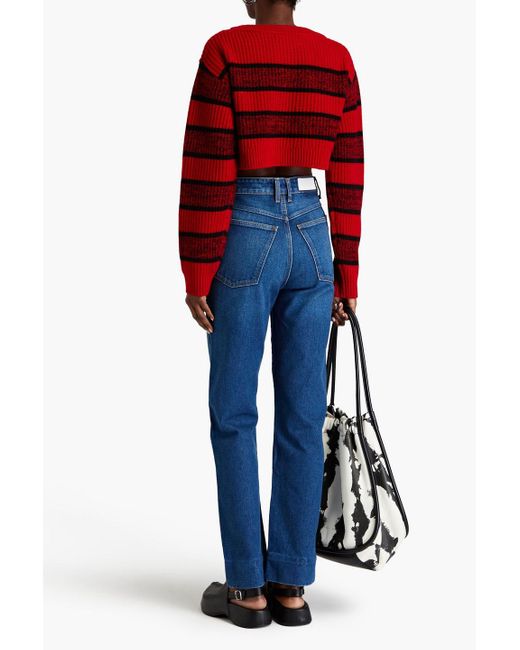 Re/done Red Cropped Striped Ribbed Wool Sweater