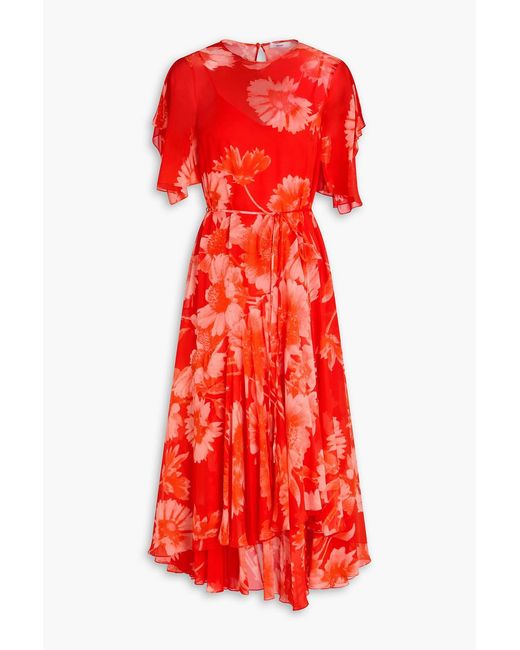 Erdem Red Floral-print Silk-voile Midi Dress