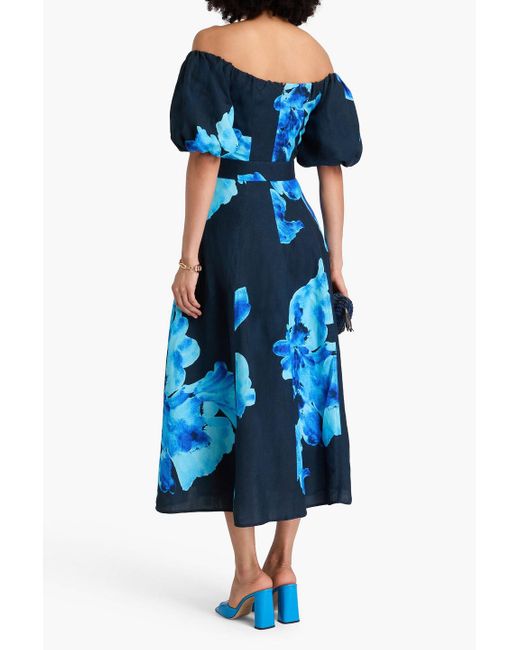 Nicholas Blue Off-the-shoulder Floral-print Linen-blend Midi Dress