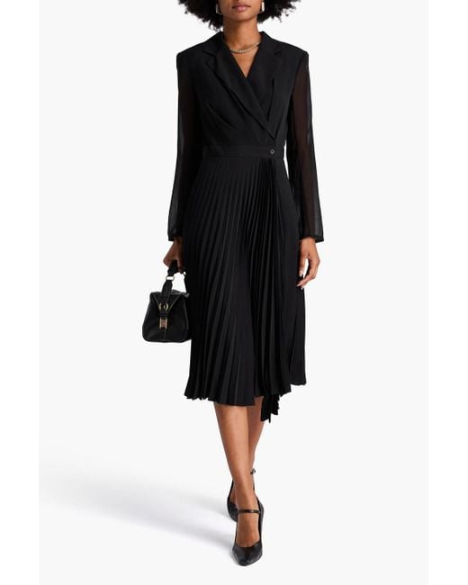 Sandro Black Pleated Crepe And Chiffon Midi Wrap Dress