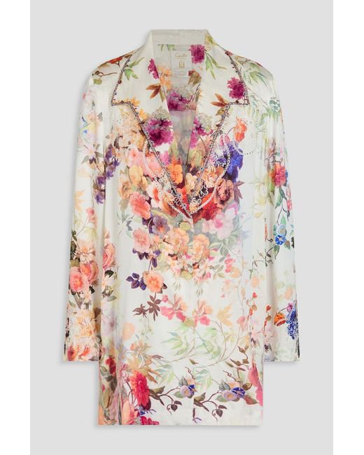 Camilla White Crystal-Embellished Floral-Print Silk-Satin Blazer