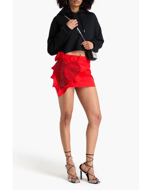 Area Red Ruffled Crystal-embellished Wool-twill Mini Skirt