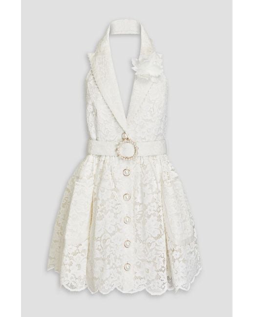 Zimmermann White Embellished Corded Lace Halterneck Mini Dress