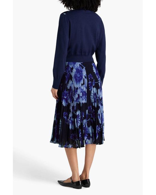 Erdem Blue Pleated Floral-Print Silk-Voile Midi Skirt