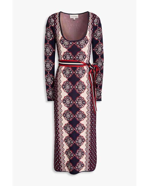 Cara Cara Red Valerie Belted Jacquard-knit Midi Dress