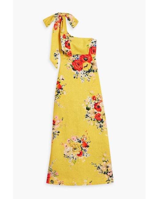 Zimmermann Yellow One-shoulder Floral-print Linen Midi Dress